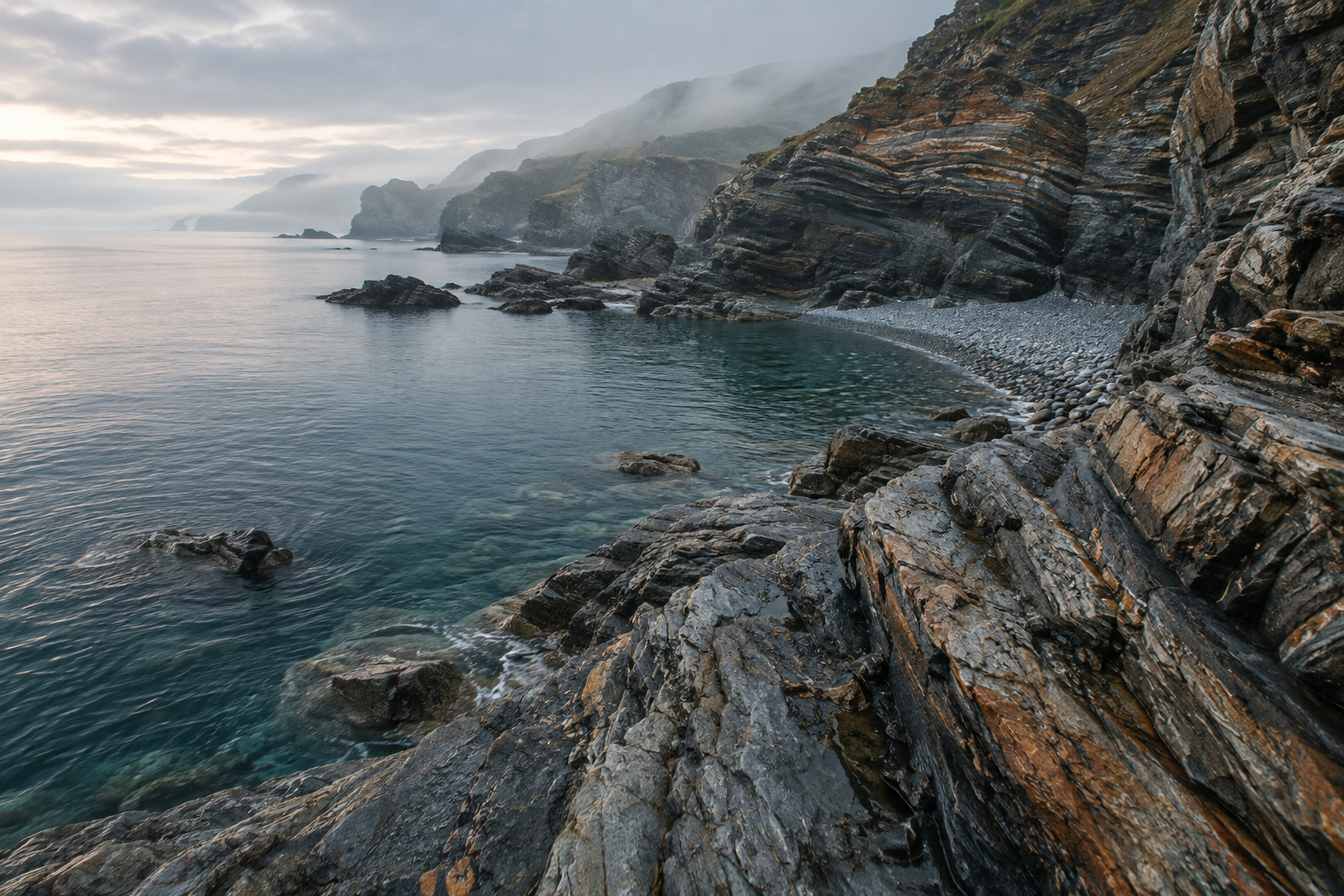 Fictional layered coastal cliffs beside a quiet sea